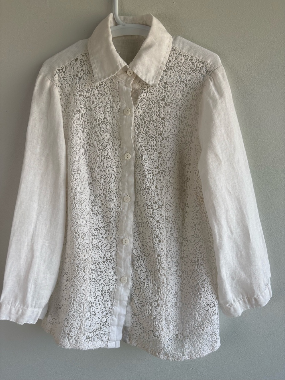 Girls White Linen Lace Button-Up Shirt Blouse Approx